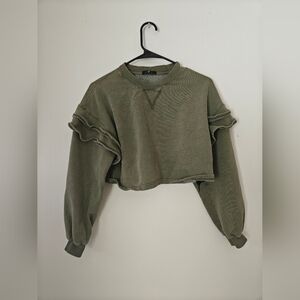 7 For All Mankind Cropped Ruffle Sleeve Green Sweatshirt Size XS